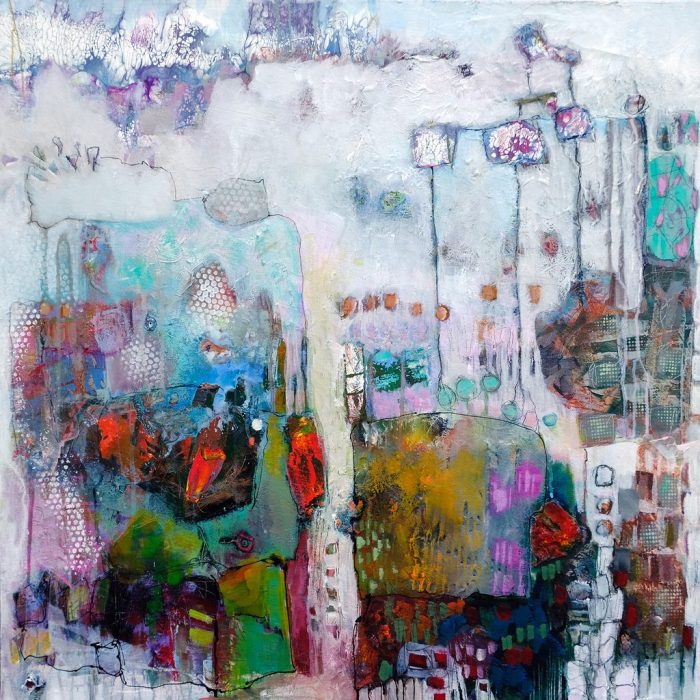 "L'effervescence du printemps" 2026 - Acrylique et collage sur toile 80 x 80 cm - Copyright © AERIN m.