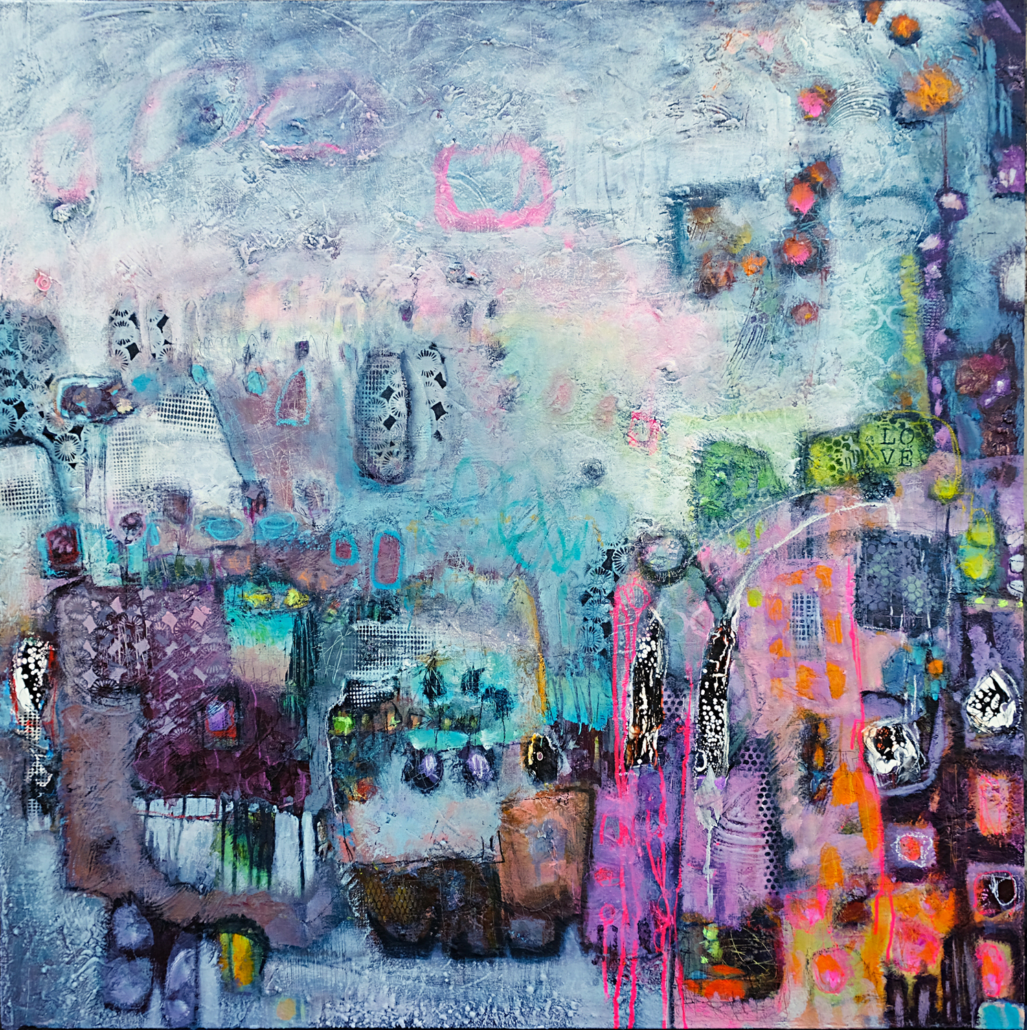 "Mithlond" 2026 - Acrylique et mortier sur toile 100 x 100 cm - Copyright © AERIN m. Peinture abstraite - Poétique - Colorée