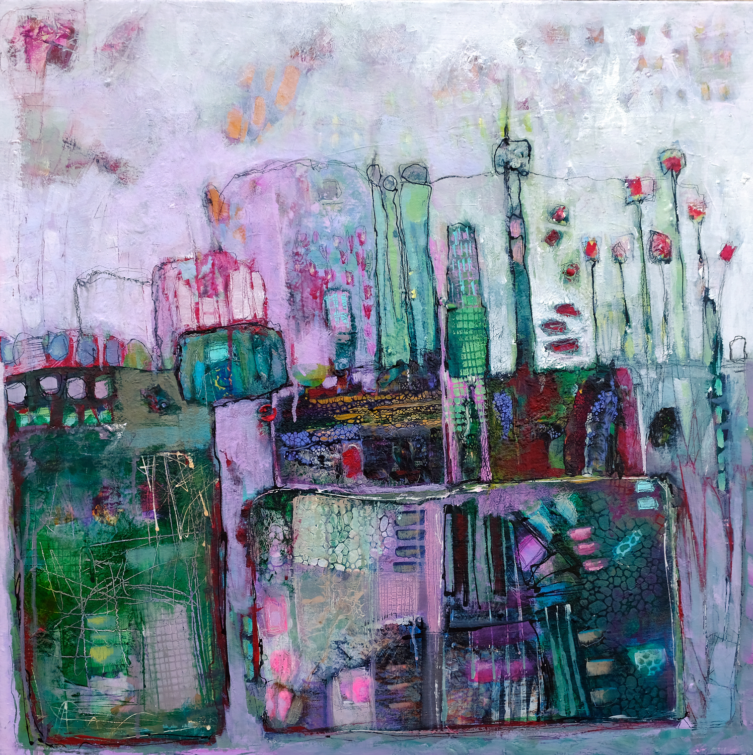 "Passages secrets" 2026 - Acrylique et mortier sur toile 70 x 70 cm - Copyright © AERIN m. Peinture abstraite - Poétique - Colorée