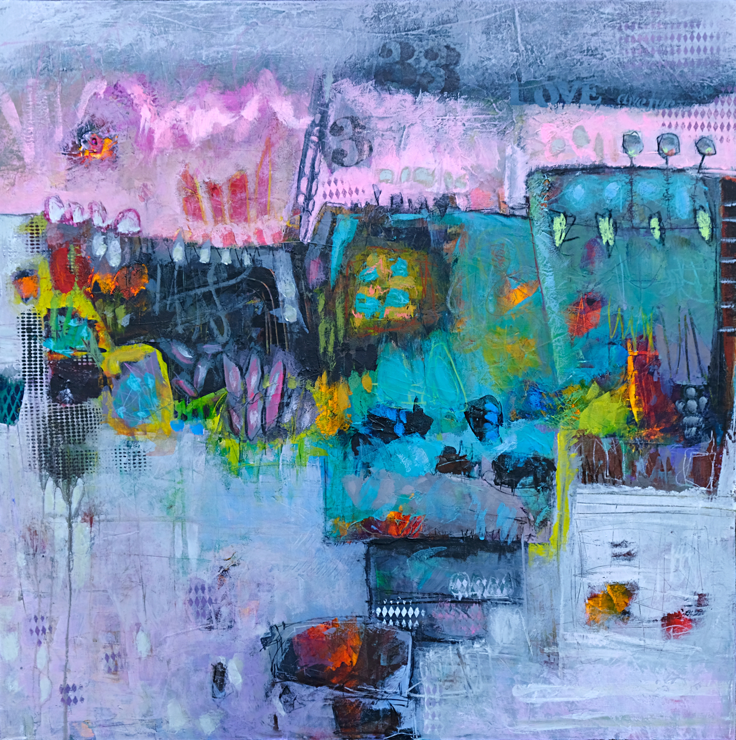 "L'Aube rose" 2026 - Acrylique et mortier sur toile 70 x 70 cm - Copyright © AERIN m. Peinture abstraite - Poétique - Colorée